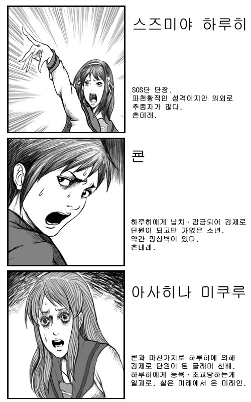2girls artist_request asahina_mikuru greyscale itou_junji_(style) korean kyon monochrome multiple_girls parody style_parody suzumiya_haruhi suzumiya_haruhi_no_yuuutsu translated