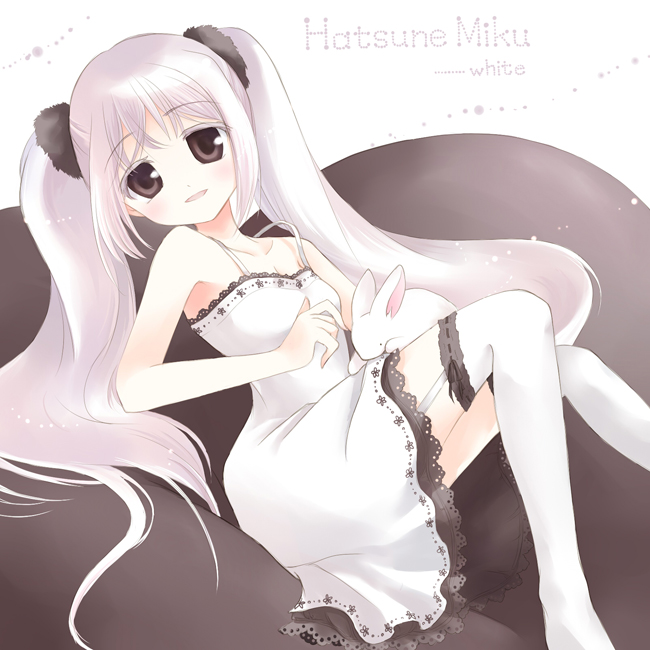 alternate_color alternate_hair_color bad_id bad_pixiv_id brown_eyes bunny dress garter_straps hatsune_miku long_hair mito_tsubaki scrunchie sitting solo thighhighs twintails vocaloid white_hair