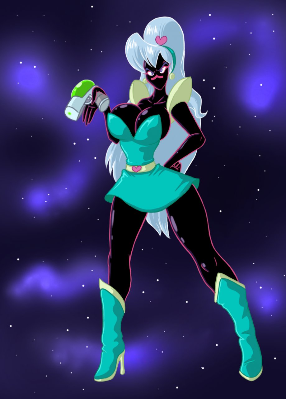 &lt;3 alien big_breasts breasts cleavage clothed clothing cosplay duck_dodgers female hair long_hair looking_at_viewer lordstevie purple_eyes queen_tyr'ahnee queen_tyr'ahnee skimpy solo space_ace white_hair