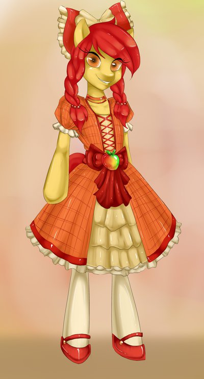apple_bloom_(mlp) bow clothed clothing cub dress equine female feral friendship_is_magic fruit fur hair horse legwear long_hair looking_at_viewer mammal mantathemisukitty misukitty my_little_pony open_mouth pony red_hair shoes smile solo standing stockings young