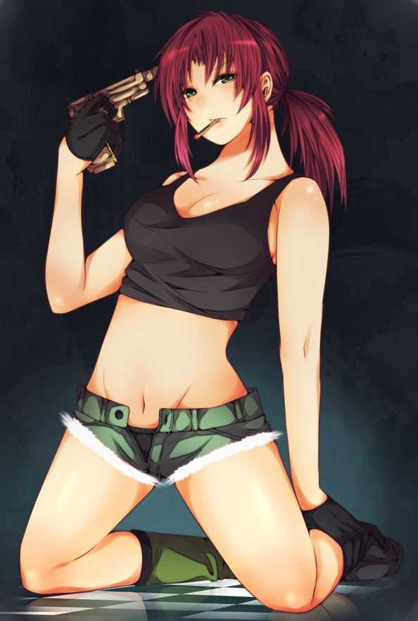 black_lagoon cigarette female gloves green_eyes gun gun_to_head kneeling long_hair looking_at_viewer navel pecotank ponytail red_hair revy revy_(black_lagoon) shorts solo tank_top weapon