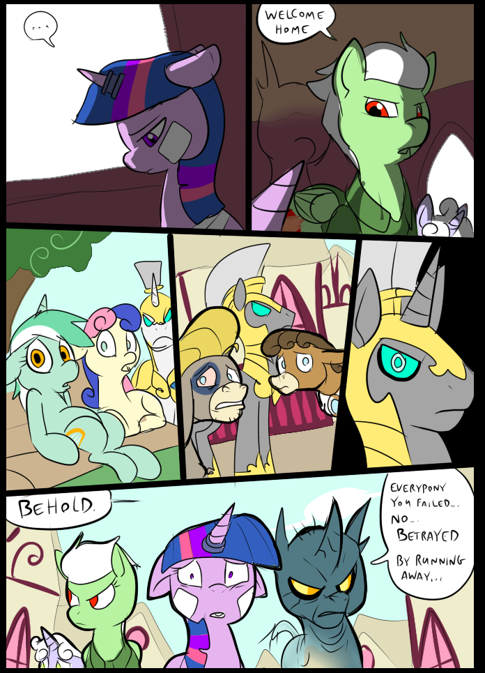 bandage black_eye bonbon_(mlp) changeling comic cranky_doodle_donkey_(mlp) cutie_mark dialog donkey english_text equine female friendship_is_magic fur green_fur group hair horn horse lyra_(mlp) lyra_heartstrings_(mlp) male mammal mane matilda_(mlp) metal_(artist) my_little_pony original_character pegasus pony red_eyes ring royal_guard_(mlp) text twilight_sparkle_(mlp) unicorn white_hair wings yellow_eyes