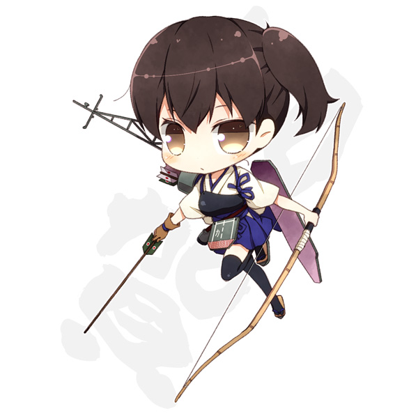 arrow bow_(weapon) brown_eyes brown_hair chibi gloves kaga_(kantai_collection) kantai_collection kouji_(campus_life) muneate partly_fingerless_gloves short_hair side_ponytail simple_background solo tasuki thighhighs weapon white_background yugake