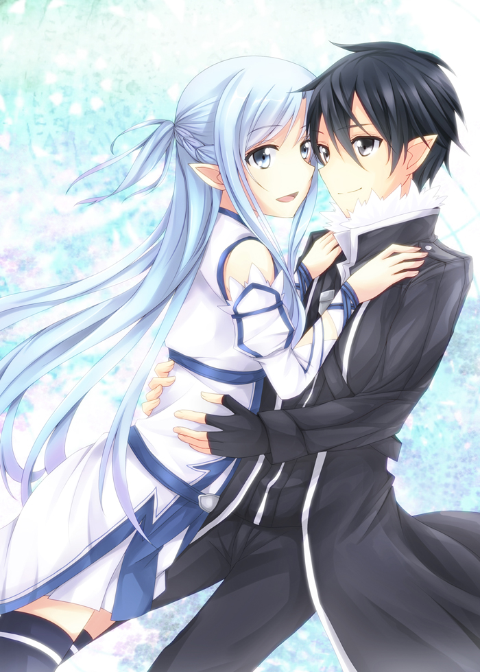 1girl asuna_(sao) asuna_(sao-alo) black_eyes black_hair blue_eyes blue_hair couple fingerless_gloves gloves hetero hug kirito kirito_(sao-alo) long_hair misuzu_(iridescence) pointy_ears short_hair sword_art_online