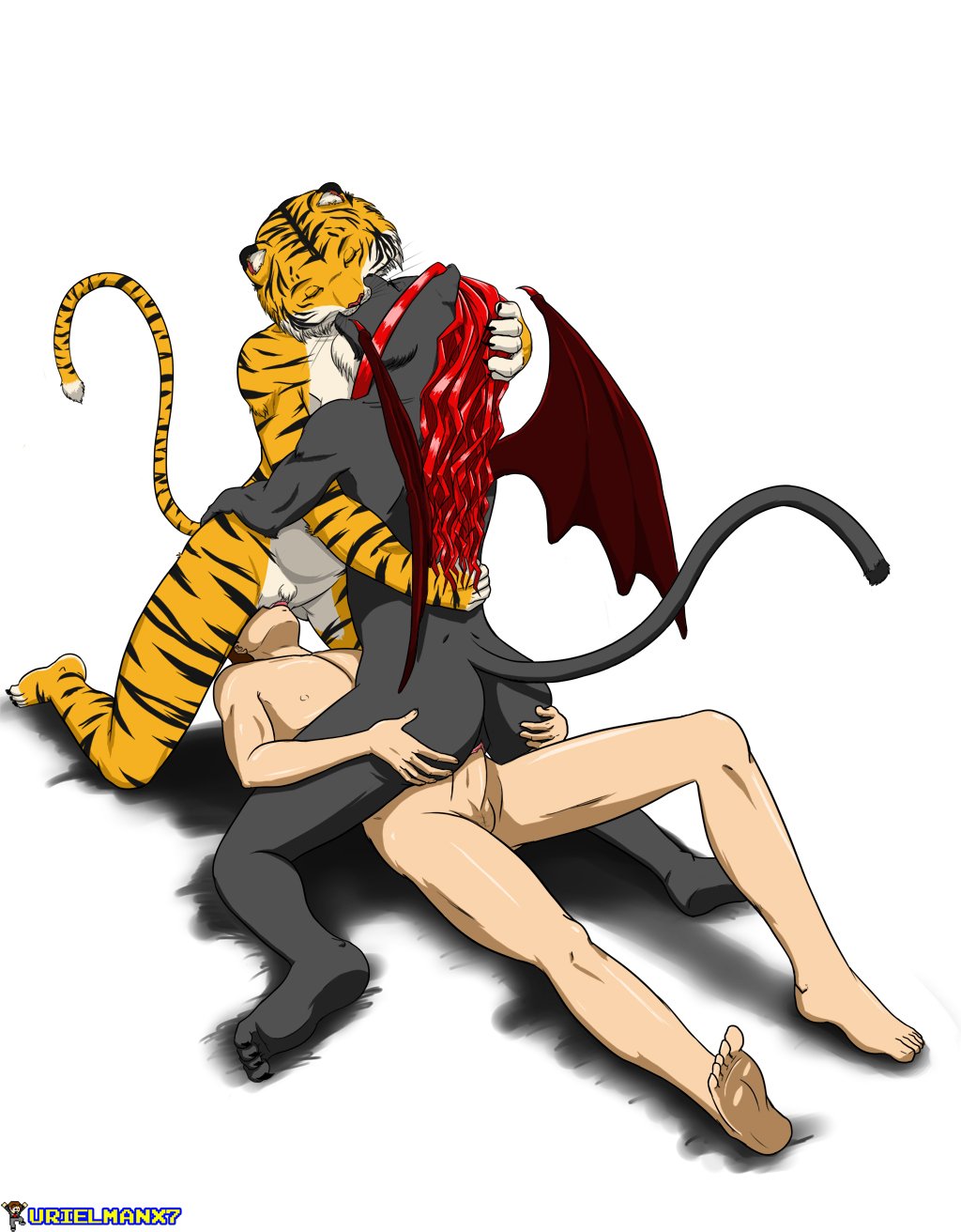 anthro athletic balls biceps black_fur black_stripes butt cat cat_ears cat_tail claws cunnilingus demon demon_wing erection eyes_closed facesitting feline female fur golden_fur grope gropeing group group_sex hair human human_on_anthro humanoid interspecies invalid_tag kissing kneeling leather_wing lesbian licking male mammal muscles nude on_top oral oral_sex panther paws penis pink_nose plain_background pussy red_hair riding sa&#239;na sa&#239;na_heart sa&iuml;na sa&iuml;na_heart sex shadow shadyss straddling straight stripes threesome tiger tongue urielmanx7 vaginal werebeast werepanther weretiger white_background white_fur wings