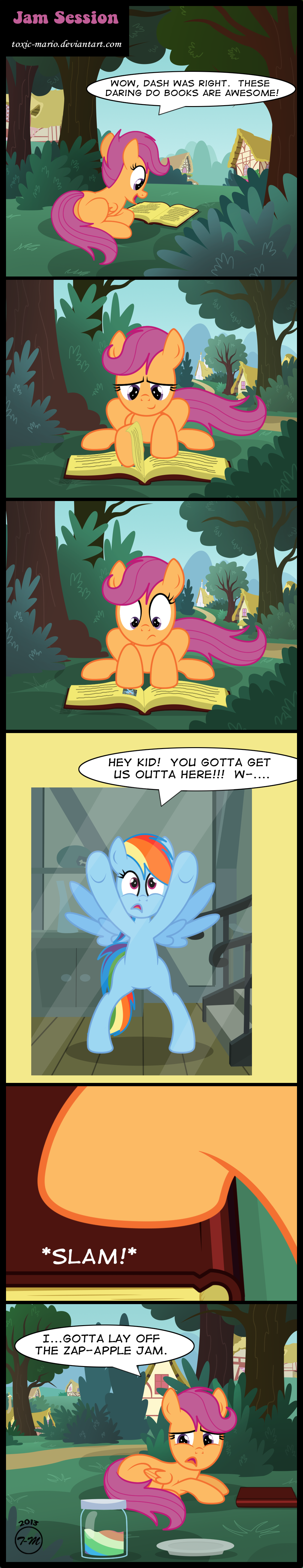 book bush comic dialog english_text equine female friendship_is_magic fur hair horse house lying mammal multi-colored_hair my_little_pony open_mouth orange_fur outside pegasus pink_hair plate pony ponyville purple_eyes rainbow_dash_(mlp) rainbow_hair scootaloo_(mlp) sky text toxic-mario trapped tree wings zap_apple_jam