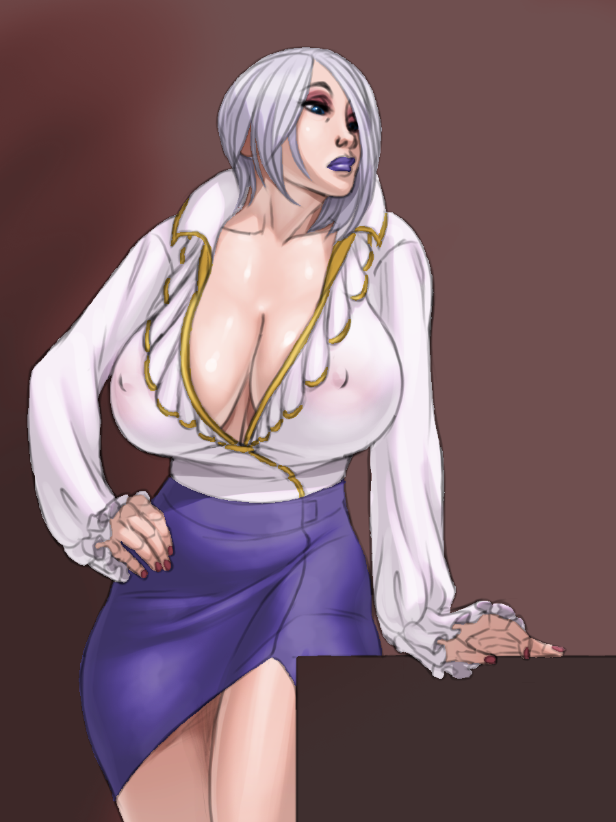 alternate_costume blue_eyes breasts casual cleavage covered_nipples eyeshadow hair_over_one_eye hand_on_hip highres huge_breasts isabella_valentine lipstick makeup nail_polish nikcesco no_bra purple_lipstick sagging_breasts short_hair silver_hair skirt solo soulcalibur