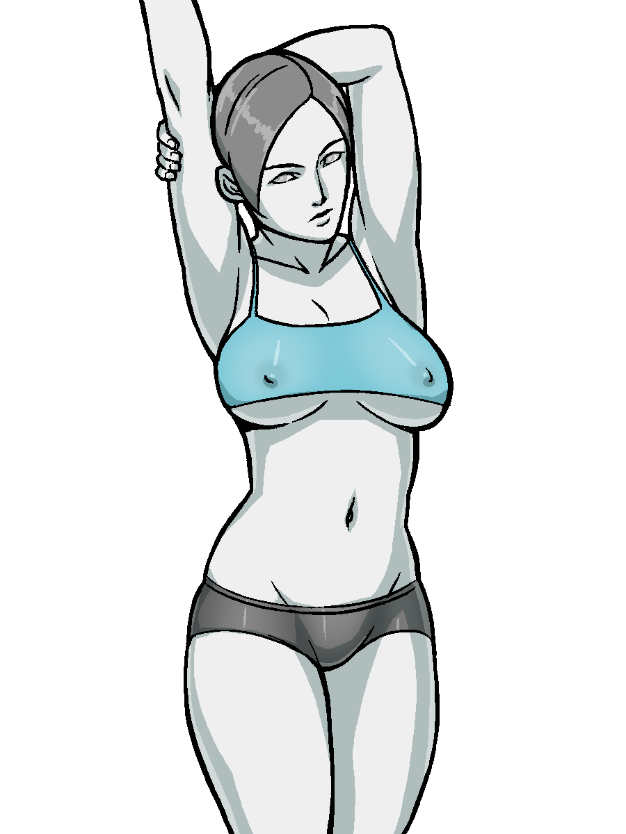 arms_up breasts cleavage covered_nipples crop_top grey_eyes grey_hair groin highres large_breasts navel nikcesco short_shorts shorts solo tank_top transparent_background underboob white_skin wii_fit wii_fit_trainer