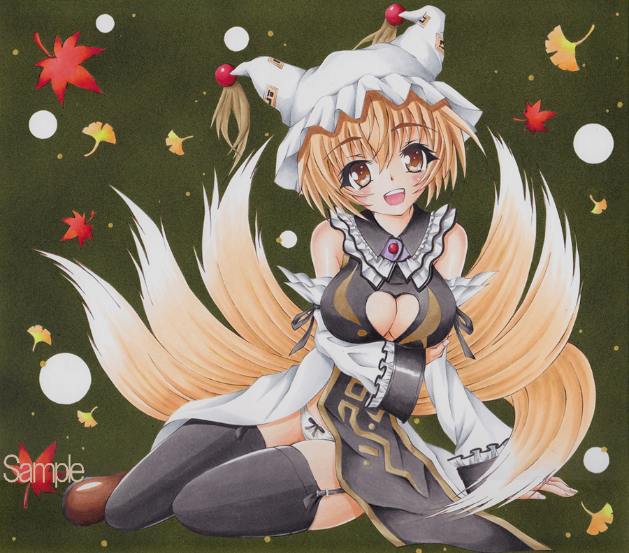 alternate_costume black_legwear blonde_hair blush breasts cleavage cleavage_cutout fox_tail garter_straps hat large_breasts leaf looking_at_viewer multiple_tails munmu open_mouth panties sample short_hair smile solo tail thighhighs touhou traditional_media underwear white_panties wide_sleeves yakumo_ran yellow_eyes