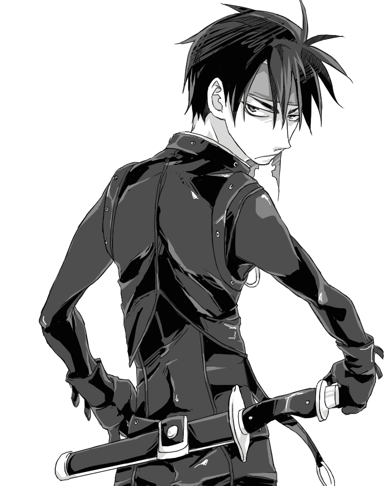 bad_id bad_pixiv_id belt buckle cowboy_shot gloves greyscale kittaka_kaname looking_at_viewer majutsushi_orphen male_focus monochrome orphen sheath sheathed simple_background solo spiked_hair white_background