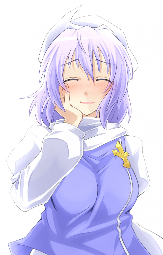 batsu blush breasts close-up closed_eyes hand_on_own_cheek hand_on_own_face happy hat large_breasts lavender_hair letty_whiterock short_hair smile solo touhou