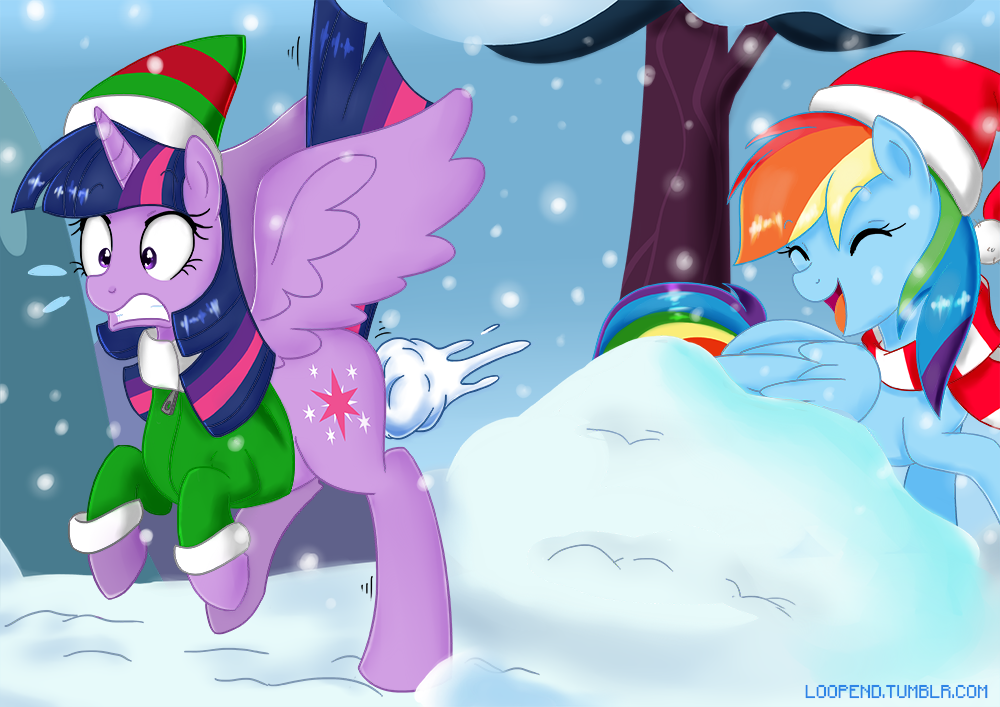 clothing coat cutie_mark duo equine eyes_closed female feral friendship_is_magic frown fur hair hat horn horse long_hair loopend mammal multi-colored_hair my_little_pony open_mouth outside pegasus pony purple_eyes purple_fur purple_hair rainbow_dash_(mlp) rainbow_hair scarf shocked smile snow snowball snowing standing teeth tree twilight_sparkle_(mlp) winged_unicorn wings