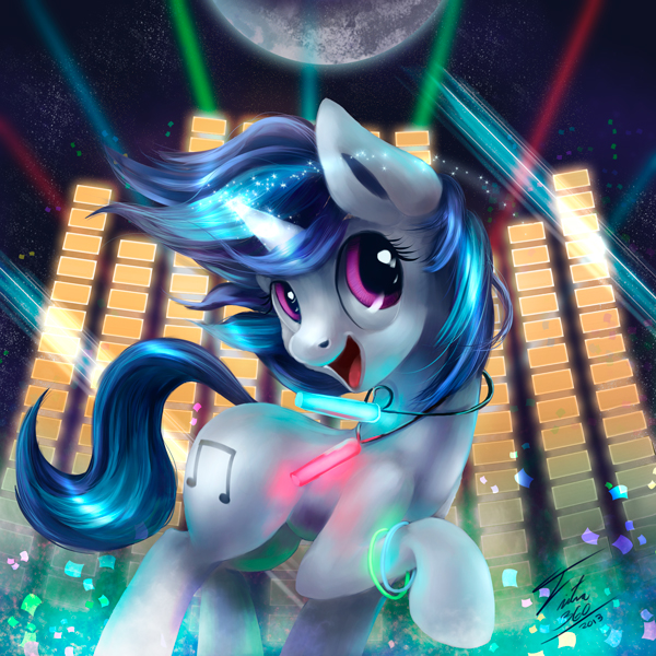 blue_hair cutie_mark equine female friendship_is_magic glowing glowstick hair horn horse lights magic mammal moon my_little_pony necklace night pony purple_eyes rave ring smile sparkles stars tsitra360 two_tone_hair unicorn vinyl_scratch_(mlp)