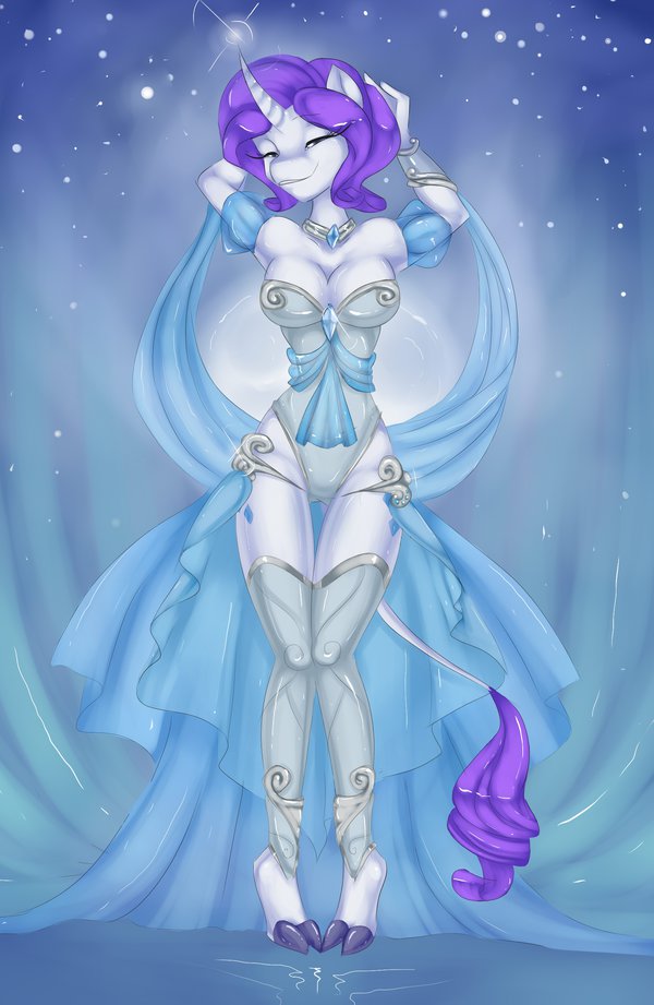 blue_eyes bracelet breasts cleavage cloth clothed clothing cloven_hooves corset equine eyes_closed female friendship_is_magic hair horn horse jewelry mammal misukitty my_little_pony necklace pony purple_hair rarity_(mlp) silk silver solo sparkles standing unicorn