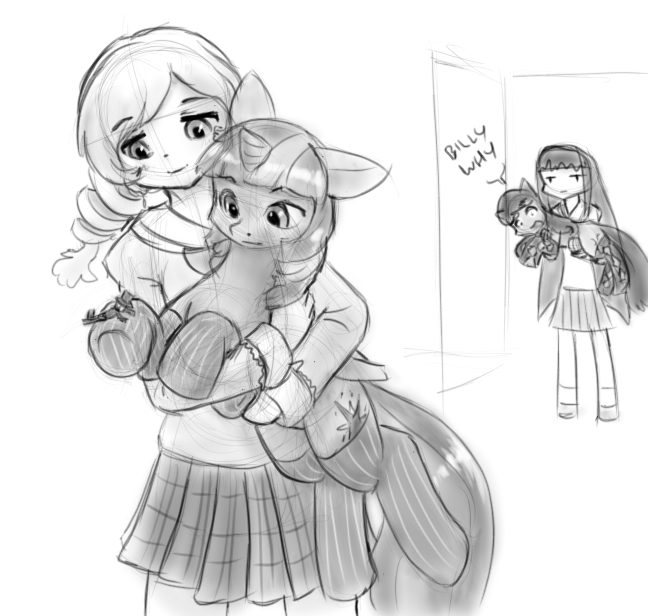 alloyrabbit clothing cutie_mark english_text equine female friendship_is_magic group horn horse human mahou_shoujo_madoka_magica mami mammal micro monochrome monura my_little_pony octavia_(mlp) pony puella_magi_madoka_magica school_uniform sketch skirt socks text twilight_sparkle_(mlp) unicorn