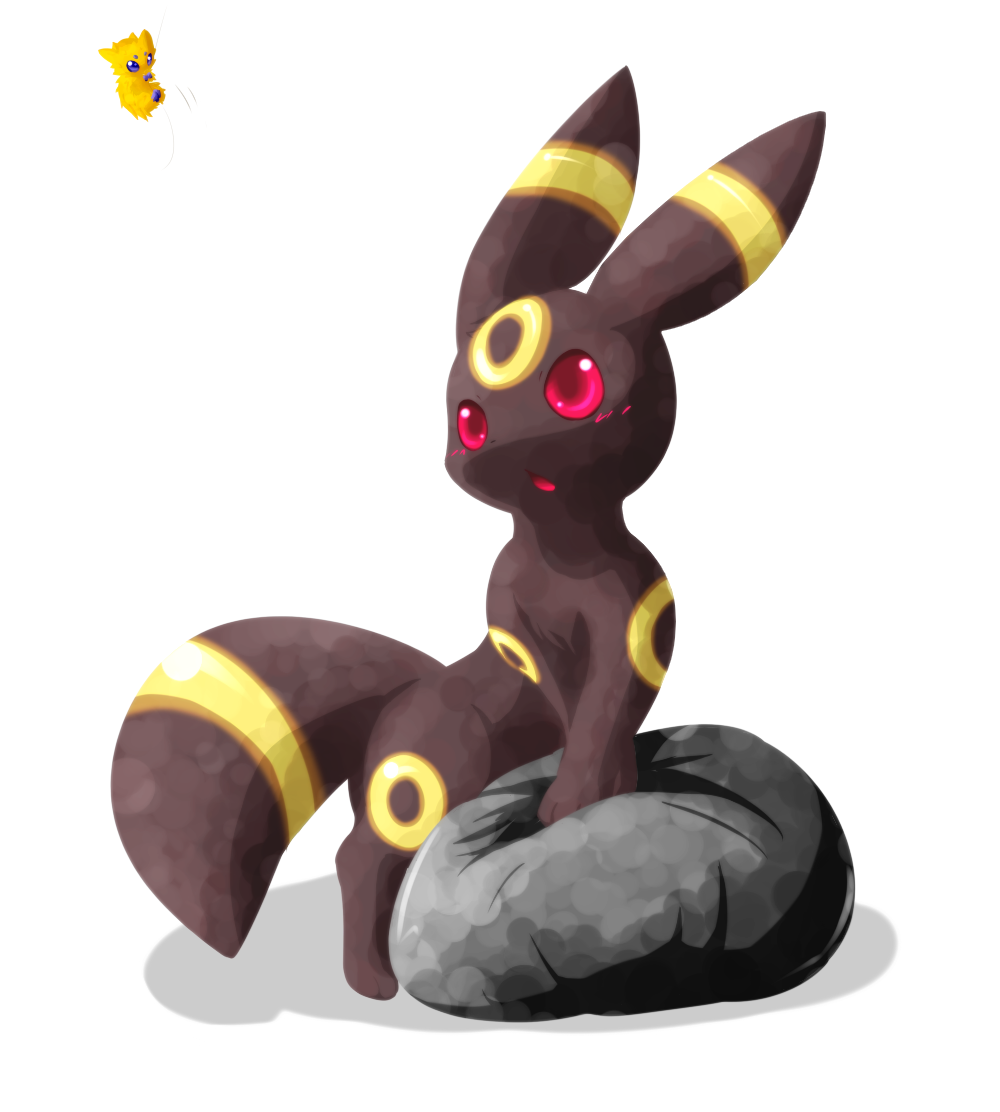 ambiguous_gender black_fur blue_eyes blush duo eeveelution feral fur joltik markings nintendo open_mouth plain_background pok&#233;mon pok&eacute;mon red_eyes umbreon ushioppoi video_games white_background yellow_fur yellow_markings