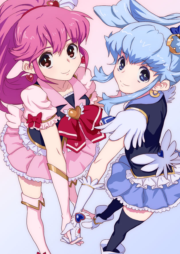aino_megumi black_legwear blue_eyes blue_hair blue_skirt boots bow bowtie brooch cure_lovely cure_princess earrings frills gloves happinesscharge_precure! hirose_(mokiki) holding_hands jewelry long_hair magical_girl multiple_girls pink_bow pink_eyes pink_hair pink_skirt precure shirayuki_hime shoes skirt smile thigh_boots thighhighs white_background white_legwear wide_ponytail zettai_ryouiki