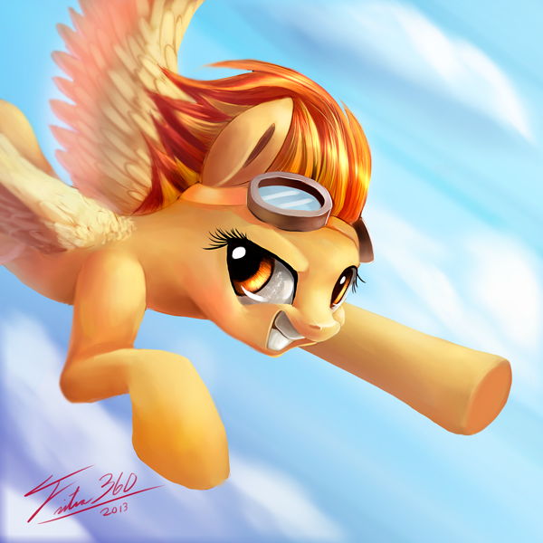 brown_eyes cloud equine eyewear female flying friendship_is_magic goggles hair horse looking_at_viewer mammal my_little_pony orange_hair outside pegasus pony sky smile solo spitfire_(mlp) tsitra360 two_tone_hair wings wonderbolts_(mlp)