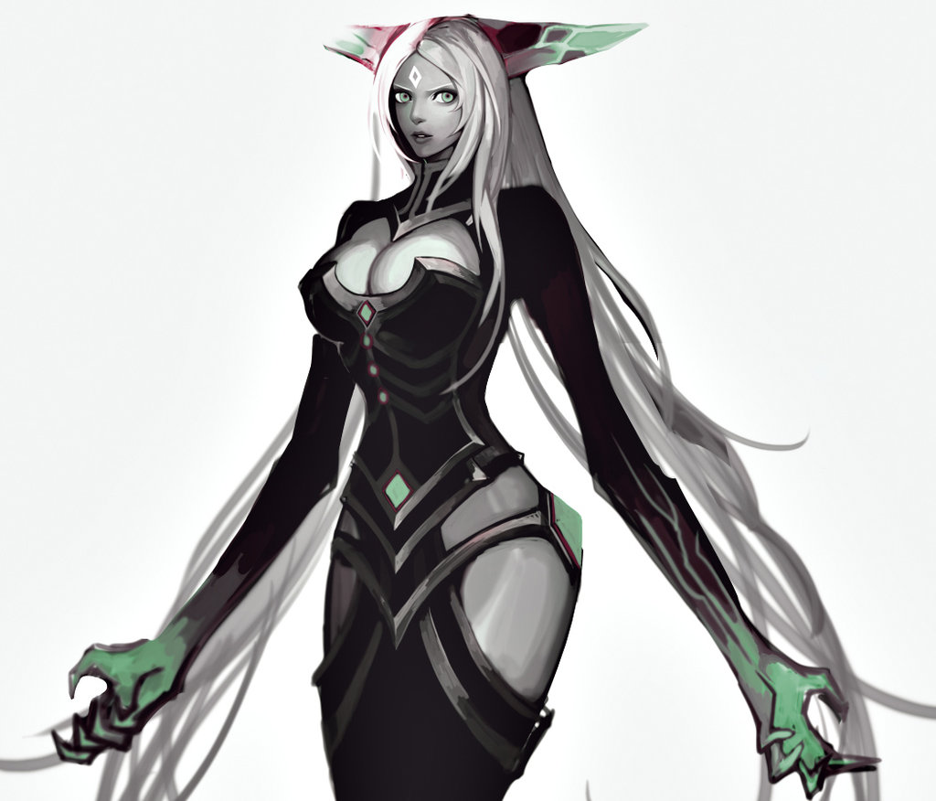 alternate_color alternate_costume blue_eyes bodysuit breasts claws cleavage cleavage_cutout facial_mark forehead_mark grey_skin headgear large_breasts league_of_legends lips lissandra long_hair nose silver_hair solo tyutii very_long_hair