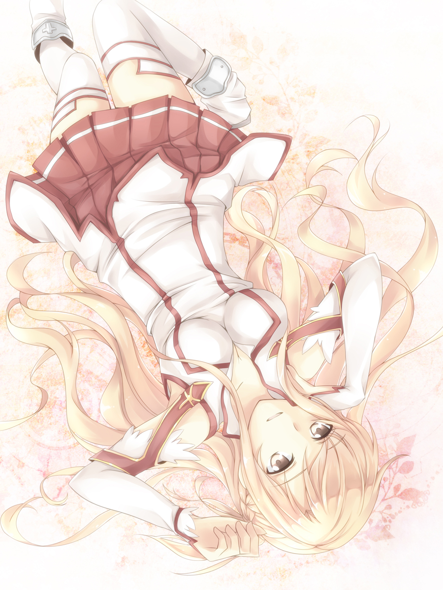 asuna_(sao) bare_shoulders breasts brown_eyes brown_hair cleavage detached_sleeves floral_background long_hair medium_breasts misuzu_(iridescence) parted_lips smile solo sword_art_online thighhighs upside-down white_legwear