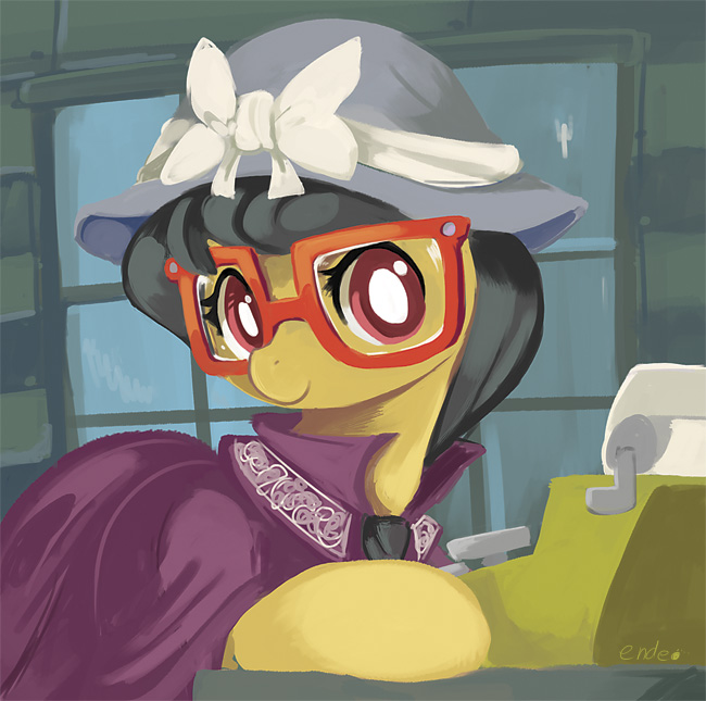 a._k._yearling_(mlp) bonnet daring_do_(mlp) disguise ende equine eyewear female friendship_is_magic glasses grey_hair hair hat horse mammal my_little_pony pony red_eyes solo typewriter