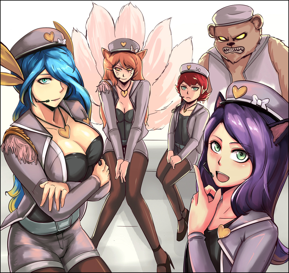 ahri alternate_costume animal_ears annie_hastur aqua_hair bear blonde_hair blue_eyes blue_hair breasts cal_(pmgdd) cleavage facial_mark fox_ears fox_tail girls'_generation green_eyes heart large_breasts league_of_legends lulu_(league_of_legends) multiple_girls multiple_tails open_mouth pantyhose pink_hair short_hair smile sona_buvelle stuffed_animal stuffed_toy tail tibbers twintails whisker_markings yellow_eyes