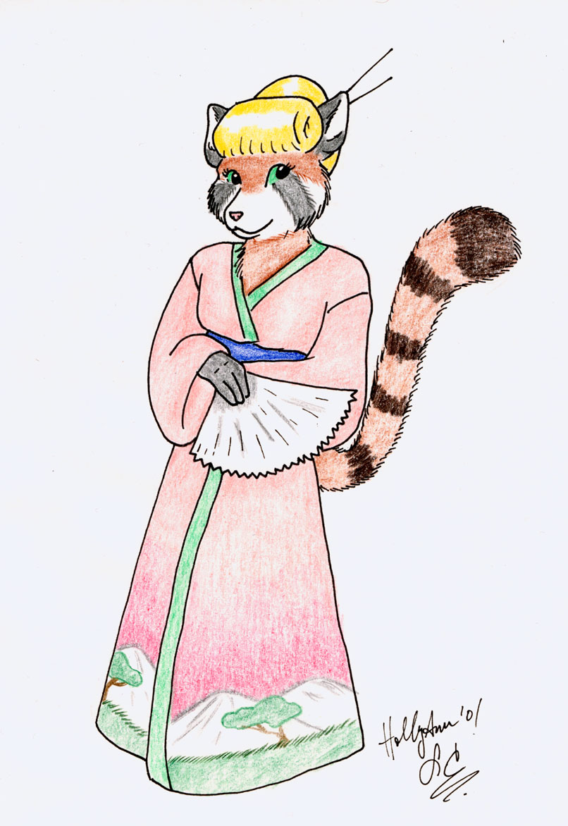 blonde_hair fan female green_eyes hair hairpin hairpins hollyann japanese_clothing kimono looking_at_viewer mammal pencils red_panda solo