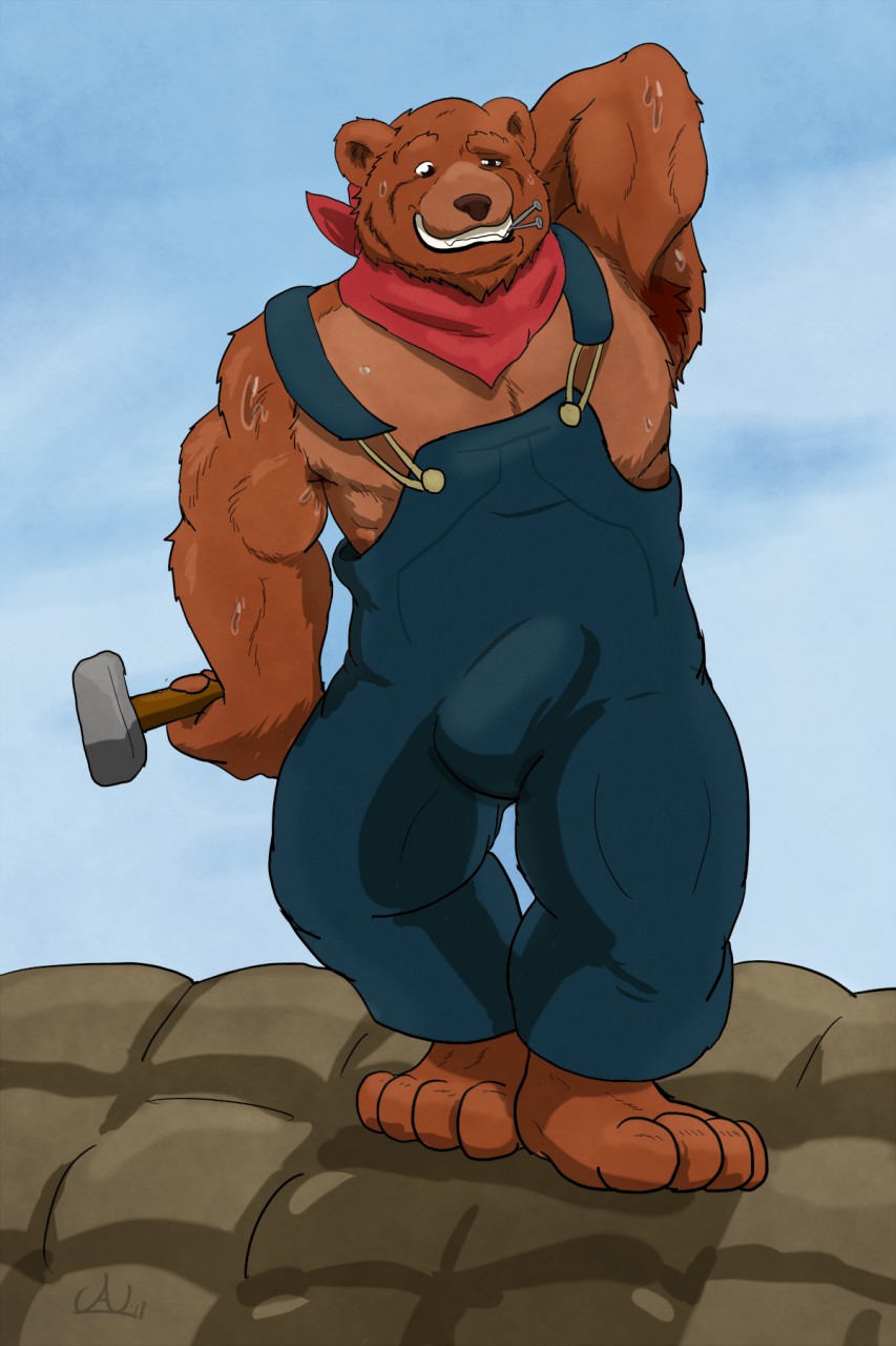 anthro audiophilliac barazoku biceps bulge digital_media_(artwork) erection half-closed_eyes little_bear male mammal muscular simple_background sweat uncle_rusty_(little_bear) ursine work