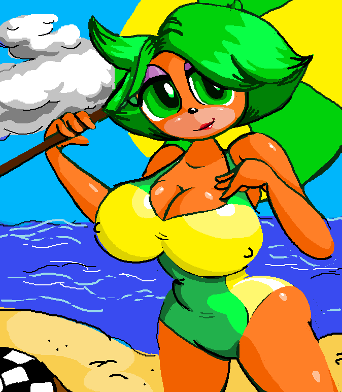 ami_bandicoot anthro anthrofied anthromorphic bandicoot beach big_breasts big_butt breasts butt cleavage clothed clothing cloud crash_bandicoot crash_bandicoot_(series) crash_team_racing erect_nipples female fur green_eyes green_hair hair hands holding lips lipstick looking_at_viewer mammal marsupial nipples outside red_lipstick sand seaside smile swimsuit tan_fur tight_clothing umbrella unknown_artist video_games water