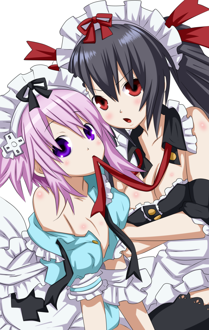 2girls absurdres apron bare_shoulders black_hair black_legwear blush breast_hold breasts choujigen_game_neptune cleavage compile_heart hair_ornament highres idea_factory long_hair looking_at_viewer maid_headdress mouth_hold multiple_girls neptune_(choujigen_game_neptune) neptune_(series) noire off_shoulder open_clothes open_mouth purple_eyes purple_hair red_eyes redraw ribbon_in_mouth short_hair simple_background thighhighs tsunako twintails vector_trace