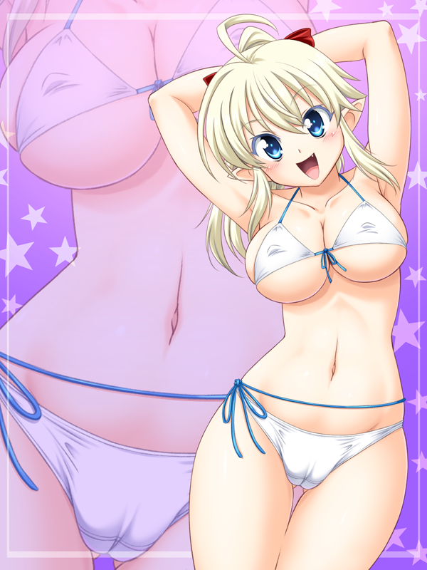 ahoge armpits arms_up bikini blonde_hair blue_eyes blush breasts cameltoe cleavage covered_nipples fang fino_bloodstone front-tie_top large_breasts long_hair looking_at_viewer navel open_mouth pointy_ears side-tie_bikini skindentation smile solo swimsuit tanuki_yousuke thigh_gap yuusha_ni_narenakatta_ore_wa_shibushibu_shuushoku_wo_ketsui_shimashita. zoom_layer