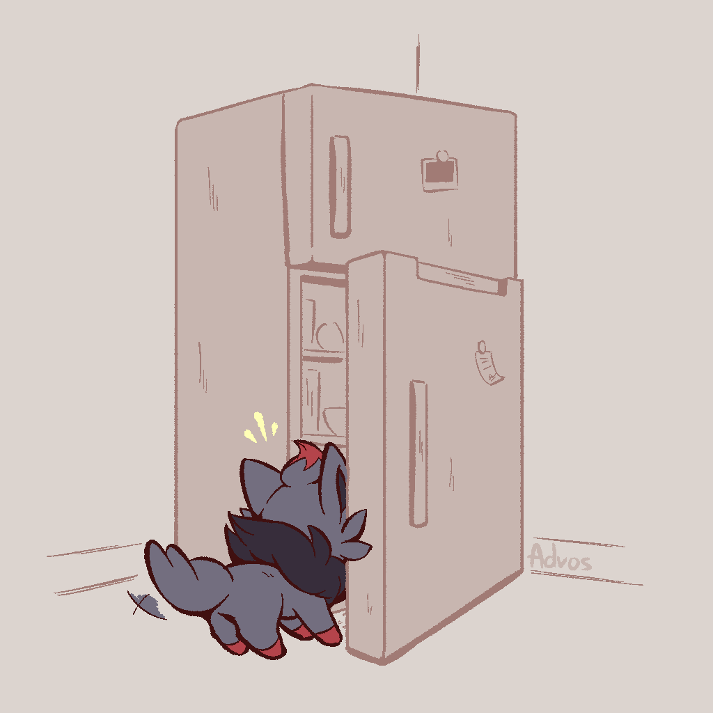 advos ambiguous_gender appliance black_body black_fur feral fridge fur generation_5_pokemon grey_body grey_fur kitchen_appliance nintendo pokemon pokemon_(species) quadruped rear_view red_body solo tail zorua