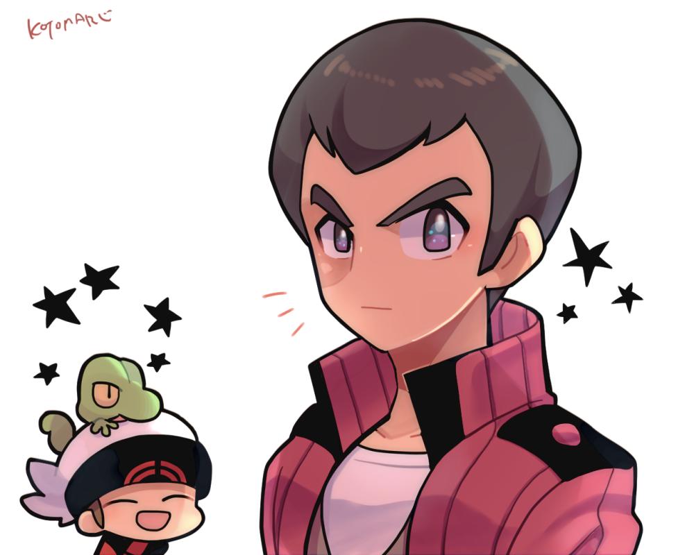 2boys black_eyes black_hair brendan_(pokemon) brown_hair father_and_son grey_shirt jacket kotorai male_focus medium_sideburns multiple_boys norman_(pokemon) on_head open_mouth pokemon pokemon_(creature) pokemon_on_head pokemon_oras red_jacket shirt signature star_(symbol) treecko upper_body white_background white_headwear