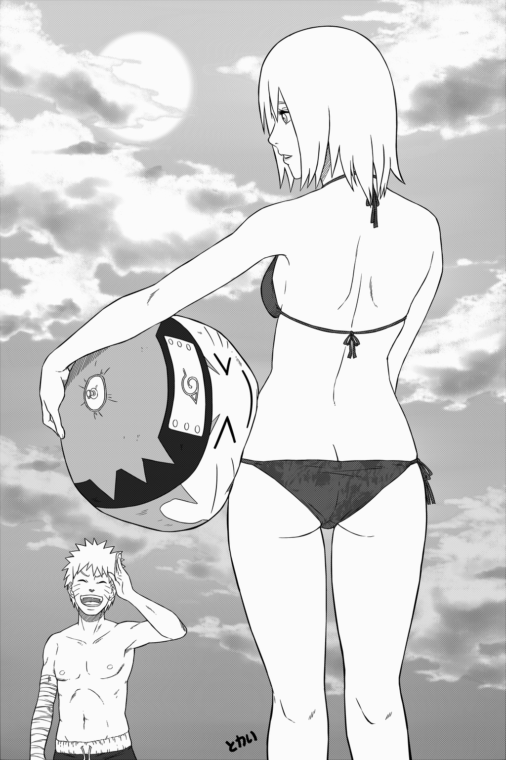 1boy 1girl ass backboob ball beachball bikini breasts butt_crack closed_eyes commentary english_commentary facial_mark greyscale haruno_sakura highres konohagakure_symbol male_swimwear medium_breasts monochrome naruto_(series) naruto_shippuuden open_mouth shoulder_blades signature smile swim_trunks swimsuit tokai uzumaki_naruto whisker_markings