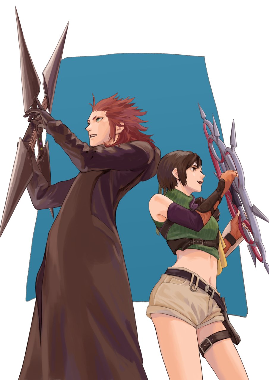 1boy 1girl arm_armor armor belt black_coat black_coat_(kingdom_hearts) black_gloves blue_background brown_eyes brown_hair brown_shorts chakram chest_strap coat commentary crop_top cropped_sweater elbow_gloves final_fantasy final_fantasy_vii gloves green_eyes green_sweater hair_between_eyes hair_slicked_back hands_up happy headband highres hood hood_down hooded_coat huge_weapon in-franchise_crossover kingdom_hearts lea_(kingdom_hearts) light_smile long_hair long_sleeves looking_to_the_side midriff mukashino navel open_mouth orange_gloves pauldrons red_hair short_eyebrows short_hair short_shorts shorts shoulder_armor shuriken simple_background single_pauldron sleeveless sleeveless_sweater sleeveless_turtleneck smile sweater teeth thigh_strap turtleneck turtleneck_sweater upper_body upper_teeth_only weapon weapon_switch white_headband yuffie_kisaragi