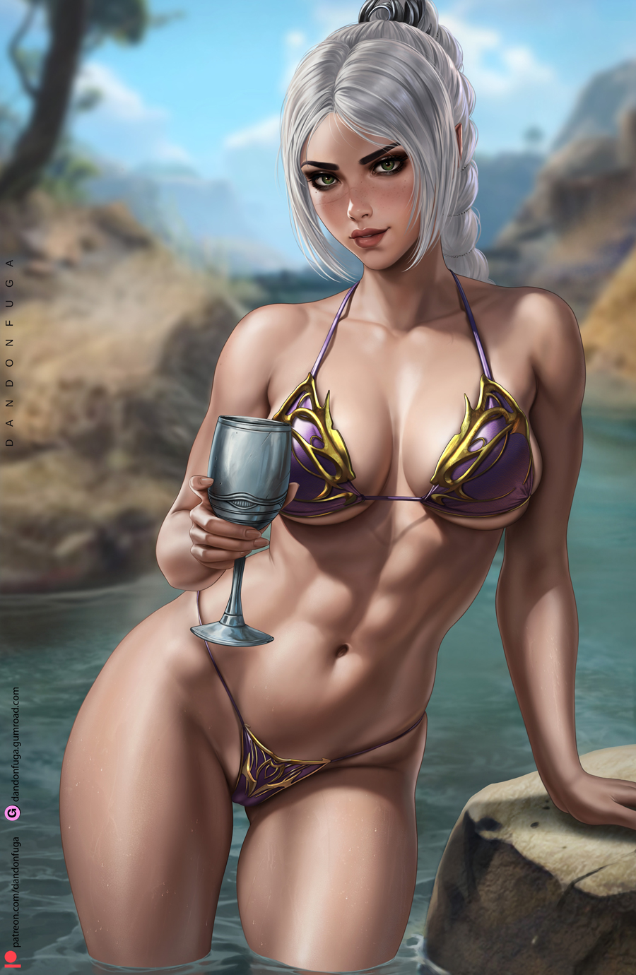 1girl artist_name ass_visible_through_thighs bikini black_eyeshadow blurry blurry_background braid breasts chalice collarbone cup dandon_fuga eyeshadow freckles gold_trim green_eyes grey_hair groin gumroad_username highres holding holding_cup isabella_valentine jewelry large_breasts lips long_braid looking_at_viewer makeup multi-tied_hair patreon_username pointy_ears purple_bikini river rock scar scar_on_face scar_on_nose solo soulcalibur swimsuit thick_thighs thighs toned tree underwear wading water wet