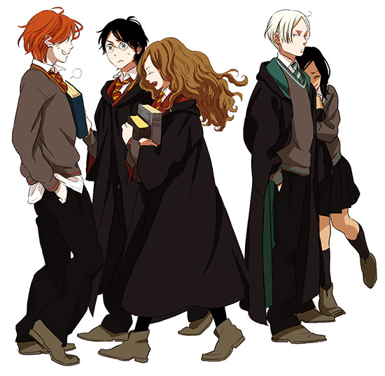 3boys black_hair book brown_hair cloak draco_malfoy glasses hands_in_pockets harry_james_potter harry_potter hermione_granger jealous kneehighs long_hair maiko_(setllon) multiple_boys multiple_girls necktie pansy_parkinson pants red_hair robe ron_weasley school_uniform shaded_face shoes simple_background skirt sweater wavy_hair white_hair