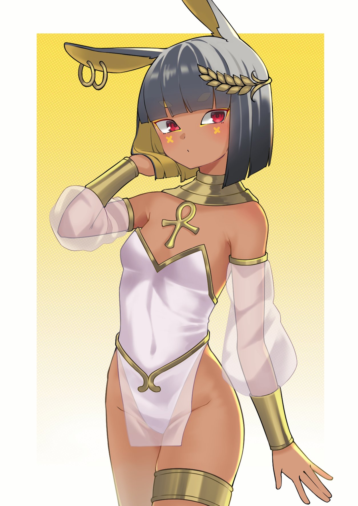 1girl animal_ears ankh black_hair blonde_hair blush breasts colored_inner_hair dark-skinned_female dark_skin detached_sleeves ear_piercing egyptian egyptian_clothes facial_mark hair_ornament highleg highleg_leotard highres juni_(hetarej) leotard multicolored_hair original piercing rabbit_ears red_eyes see-through see-through_sleeves short_hair small_breasts solo thigh_strap two-tone_hair usekh_collar white_leotard