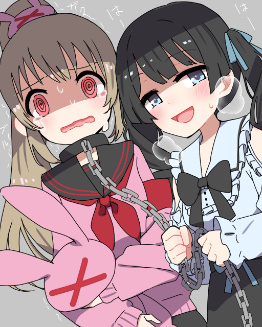 2girls @_@ black_bow black_bowtie black_hair black_sailor_collar black_skirt blue_eyes blue_ribbon blush bow bowtie chain commentary cowboy_shot drill_hair frilled_shirt frills grey_background grey_shirt hair_ornament hair_ribbon jirai_kei light_brown_hair long_hair long_sleeves looking_at_viewer multiple_girls natori_sana neckerchief nijisanji official_alternate_costume official_alternate_hairstyle open_mouth pink_sweater rabbit_hair_ornament red_eyes red_neckerchief ribbon sailor_collar sana_channel shaded_face shirt simple_background skirt small_sweatdrop smile sou_(tuhut) standing sweater tsukino_mito tsukino_mito_(14th_costume) twin_drills twintails virtual_youtuber wavy_mouth