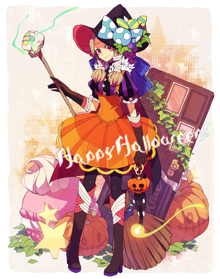 bow dress ebira halloween happy_halloween hat jack-o'-lantern md5_mismatch orange_dress original pumpkin solo staff