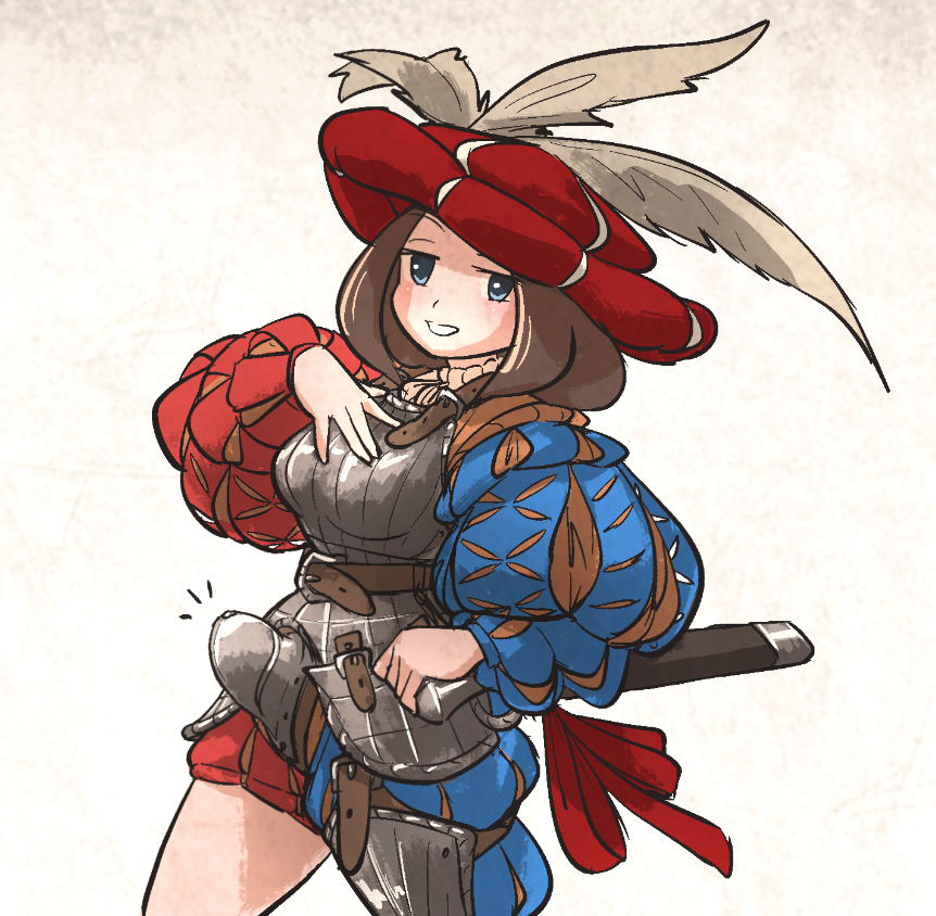 1girl armor blue_eyes breastplate brown_hair codpiece cowboy_shot english_commentary hands_on_own_chest hat hat_feather ironlily landsknecht_(ironlily) long_sleeves looking_at_viewer medium_hair notice_lines original puff_and_slash_sleeves puffy_long_sleeves puffy_sleeves red_headwear simple_background smile solo sword weapon white_background