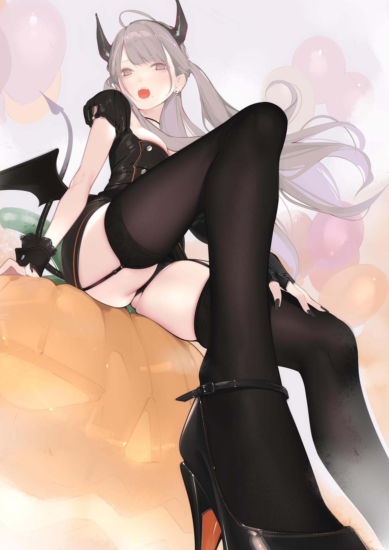 1girl ahoge ama_mitsuki ass_visible_through_thighs balloon black_dress black_footwear black_gloves black_horns black_nails black_panties black_thighhighs blush breasts cleavage demon_girl demon_horns demon_tail demon_wings dress earrings fang fingerless_gloves fingernails foreshortening from_below garter_straps gloves grey_eyes grey_hair halloween high_heels highres horns jack-o'-lantern jewelry long_hair looking_at_viewer medium_breasts nail_polish non-web_source open_mouth original panties puffy_short_sleeves puffy_sleeves pumpkin short_sleeves sitting solo tail thighhighs thighs twintails underwear wings