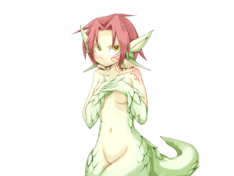 1girl blush bmp-to-png_conversion breasts closed_mouth collarbone colored_skin completely_nude covering_breasts covering_privates cowboy_shot dragon_ears dragon_girl dragon_tail facial_tattoo fins frfr game_cg granberia green_skin hair_intakes head_fins light_frown looking_up medium_breasts mon-musu_quest! monster_girl navel neck_tattoo no_pussy non-web_source nude pointy_ears red_hair scales short_hair simple_background solo sweatdrop tail tattoo transparent_background v-shaped_eyebrows yellow_eyes yellow_skin