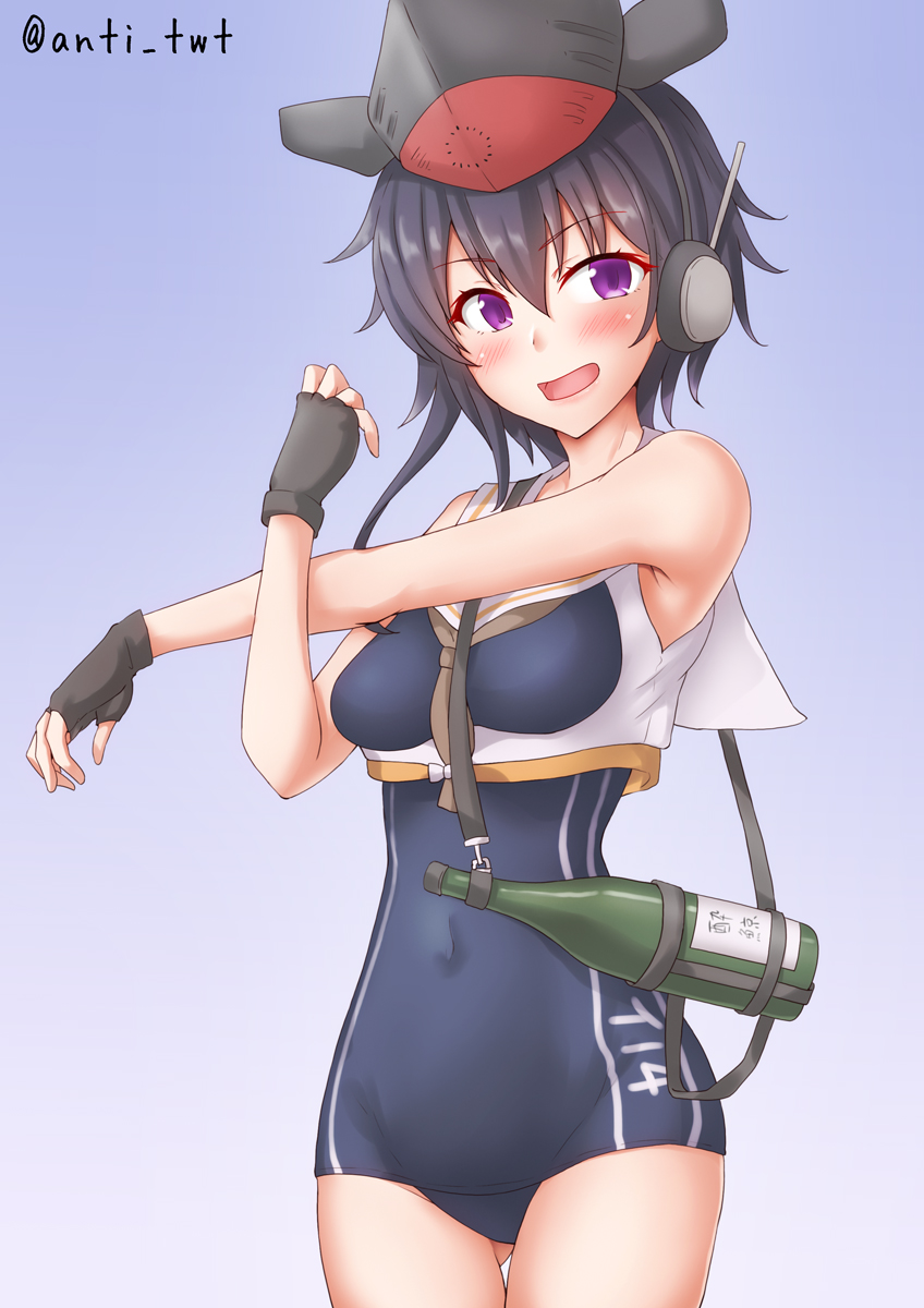 1girl anti_(untea9) ass_visible_through_thighs bare_shoulders black_gloves black_hair blue_one-piece_swimsuit bottle breasts competition_school_swimsuit competition_swimsuit cowboy_shot fingerless_gloves gloves gradient_background hat headgear highres i-14_(kancolle) kantai_collection one-hour_drawing_challenge one-piece_swimsuit purple_eyes school_swimsuit short_hair small_breasts smile solo stretching swimsuit twitter_username