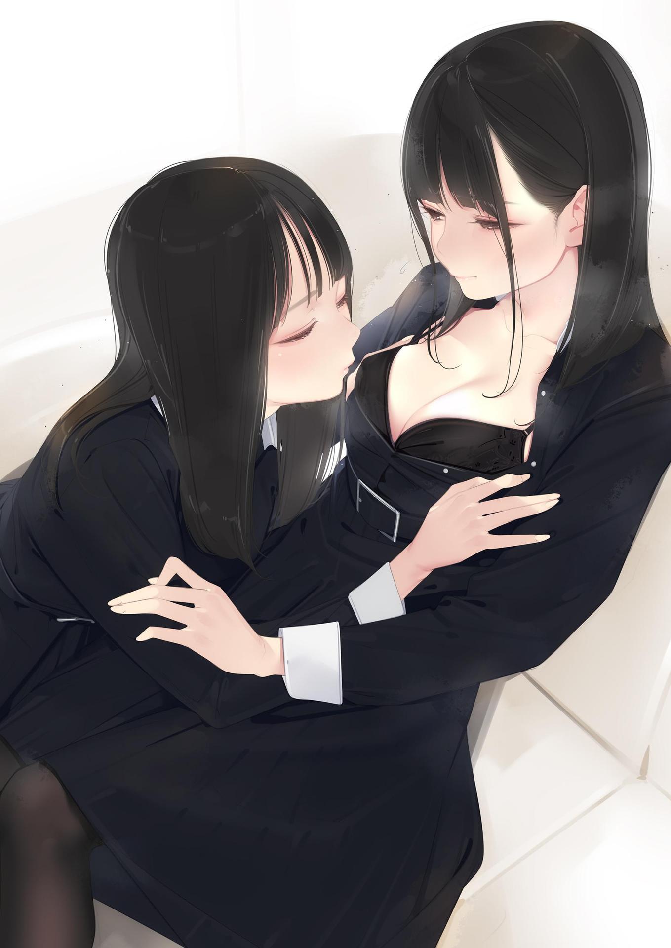 2girls ama_mitsuki assisted_exposure belt_buckle black_bra black_hair black_shirt blunt_bangs blush bra breasts brown_eyes buckle cleavage closed_mouth collarbone couch half-closed_eyes high-waist_skirt highres long_hair long_sleeves looking_at_another medium_breasts medium_skirt multiple_girls non-web_source on_couch original pantyhose shirt sitting skirt smile steaming_body unbuttoned unbuttoned_shirt underwear white_background yuri