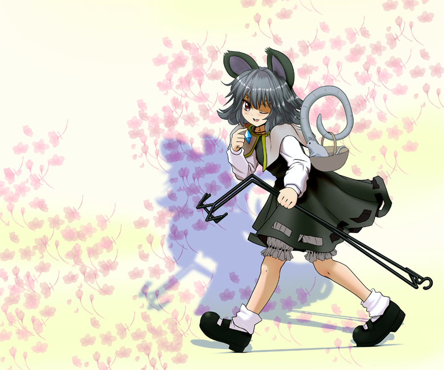 animal_ears basket bloomers capelet cherry_blossoms dowsing_rod floral_background grey_hair ishikkoro jewelry mouse mouse_ears mouse_tail nazrin pendant red_eyes short_hair solo tail touhou underwear walking