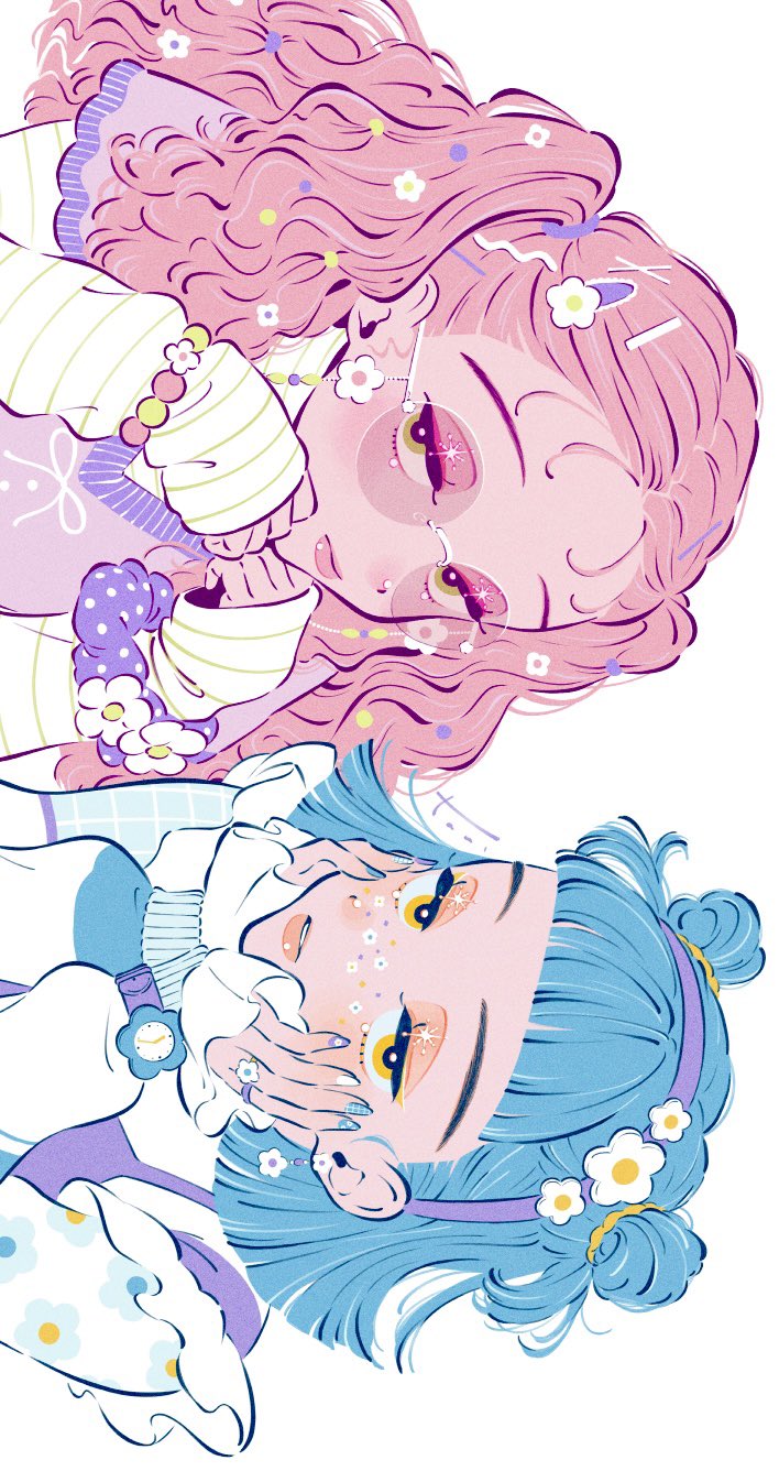 2girls 444_tn bead_necklace beads blue_hair blue_nails blunt_ends double_bun floral_print flower flower_ring flower_sticker frilled_shirt frills green_scrunchie hair_bun hair_ornament hair_scrunchie hairband hairclip hands_on_own_cheeks hands_on_own_face highres jewelry long_hair long_sleeves looking_at_viewer multicolored_nails multiple_girls nail_art nail_polish necklace orange_lips original own_hands_together parted_lips pink-tinted_eyewear pink_hair purple_hairband purple_tank_top purple_vest round_eyewear scrunchie shirt short_hair simple_background sleeves_past_wrists sticker_on_face sunglasses sweater_vest tank_top teeth tinted_eyewear upper_body v-neck vest watch white-framed_eyewear white_background white_flower white_nails white_shirt white_sleeves wristwatch yellow_eyes
