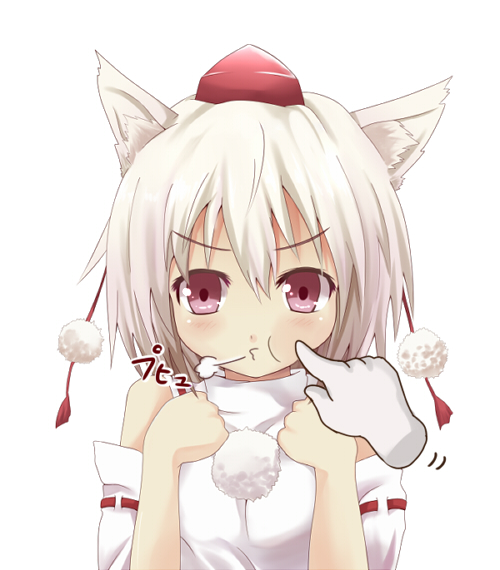 animal_ears cheek_poking clenched_hands disembodied_limb efe face hat inubashiri_momiji o3o poking pout red_eyes solo tokin_hat touhou white_hair wolf_ears