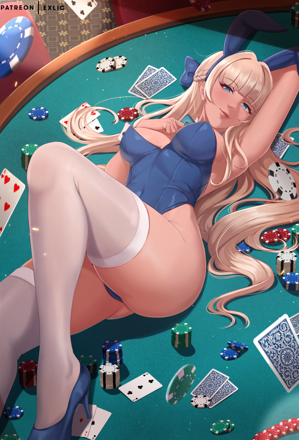 1girl ace_(playing_card) ace_of_diamonds ace_of_spades animal_ears aqua_bow aqua_bowtie arm_pillow artist_name blonde_hair blue_archive blue_bow blue_eyes blue_footwear blue_hair blue_leotard bow bowtie braid breasts card covered_navel detached_collar diamond_(shape) exlic fake_animal_ears floating_card hair_bow hand_on_own_chest high_heels highleg highleg_leotard highres indoors knee_up large_breasts legs leotard light_smile long_hair looking_at_viewer lying multicolored_hair no_halo official_alternate_costume on_back on_table parted_lips patreon_username playboy_bunny playing_card poker_chip poker_table pumps rabbit_ears solo spade_(shape) strapless strapless_leotard streaked_hair table teeth thighhighs toki_(blue_archive) toki_(bunny)_(blue_archive) very_long_hair white_thighhighs white_wrist_cuffs wrist_cuffs