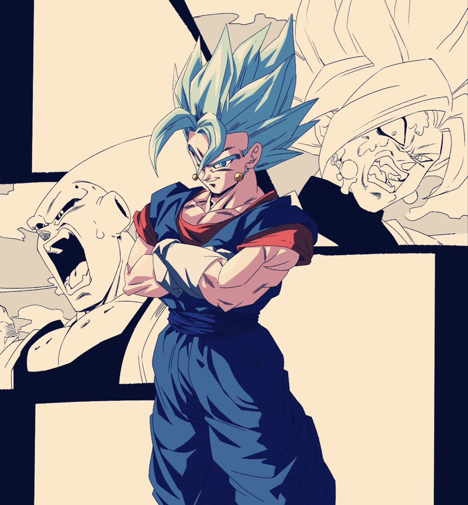 3boys blue_eyes blue_hair blue_sash cloud collarbone colored_sclera constricted_pupils cowboy_shot crossed_arms demon dougi dragon_ball dragon_ball_super dragon_ball_z earrings fused_zamasu gloves hair_between_eyes jewelry jumpsuit looking_at_viewer majin_buu melting multiple_boys muscular muscular_male official_style open_mouth orange_shirt partially_colored potara_earrings reeya sash shirt sky smile spiked_hair super_buu super_saiyan super_saiyan_blue sweat toriyama_akira_(style) turtleneck vegetto white_gloves